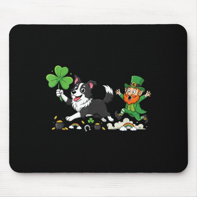 Mousepad Border Collie Engraçado Trevo Dia de São Patrício  (Frente)