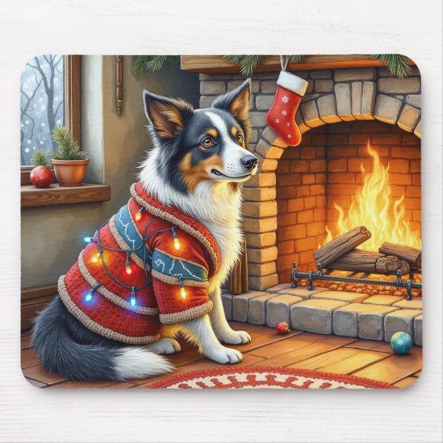 Mousepad Border Collie Lareira com Luzes de Natal (Frente)