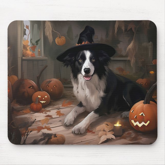 Mousepad Border Collie Pumpkins Halloween Assustado (Frente)