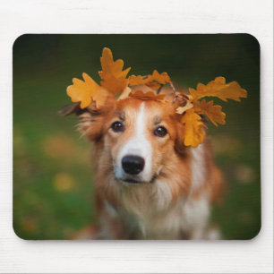 Mousepad Border collie vermelho com uma festão das folhas