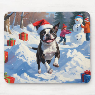 Mousepad Boston Terrier Cena de Natal Festivo na Neve