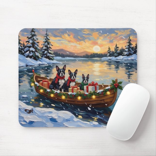 Mousepad Boston Terrier Christmas Boat Holiday (Com mouse)