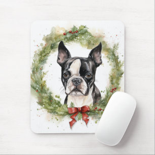 Mousepad Boston Terrier Christmas Wreath Festivo Pup