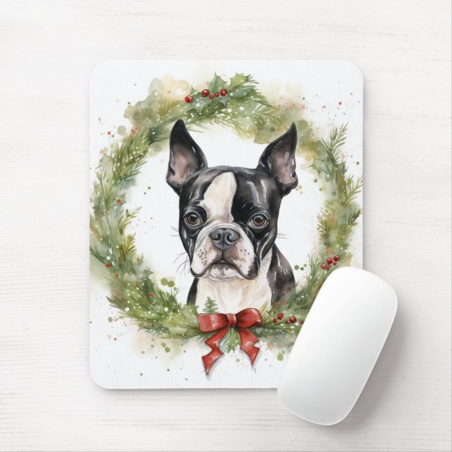 Mousepad Boston Terrier Christmas Wreath Festivo Pup (Com mouse)