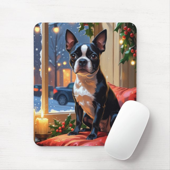 Mousepad Boston Terrier com férias de Natal (Com mouse)