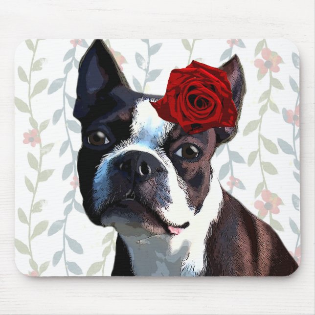 Mousepad Boston Terrier com Rosa no cabeçalho 2 (Frente)