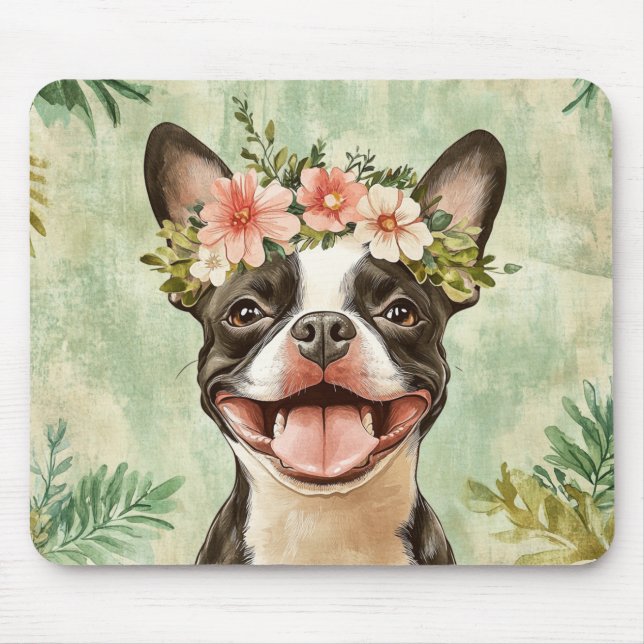 Mousepad Boston Terrier Dog Green Floral (Frente)