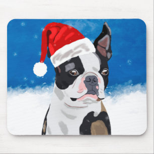 Mousepad Boston Terrier Dog no Natal da Neve Feriado Feliz