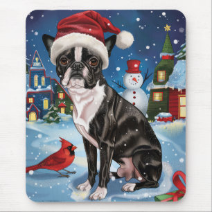 Mousepad Boston Terrier Dog Winter Wonderland Natal Joy