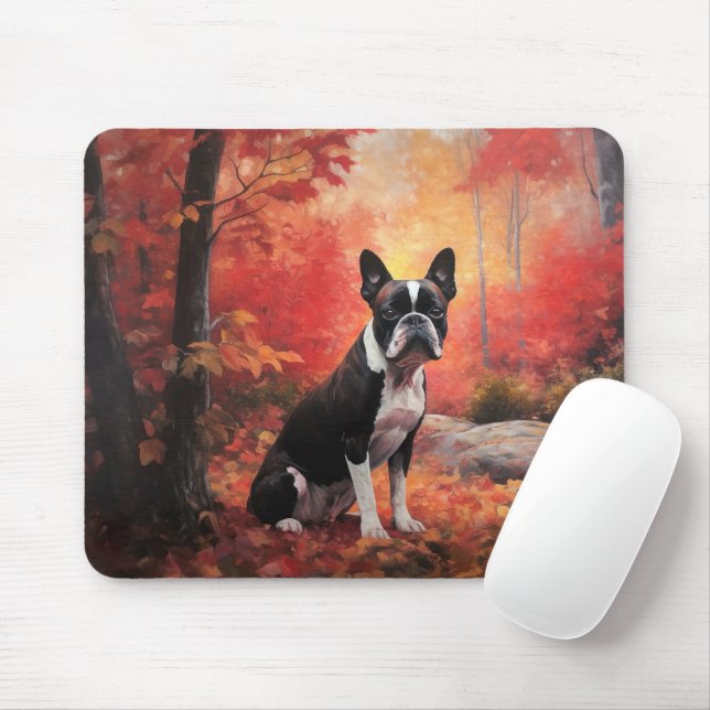 Mousepad Boston Terrier no outono deixa cair inspiração (Com mouse)