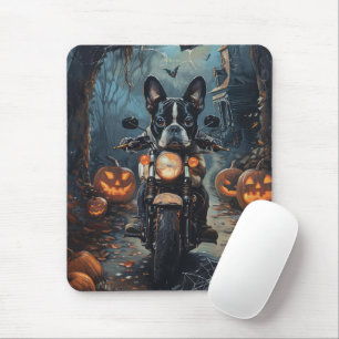 Mousepad Boston Terrier Pilotando Motocicleta Dia das Bruxa