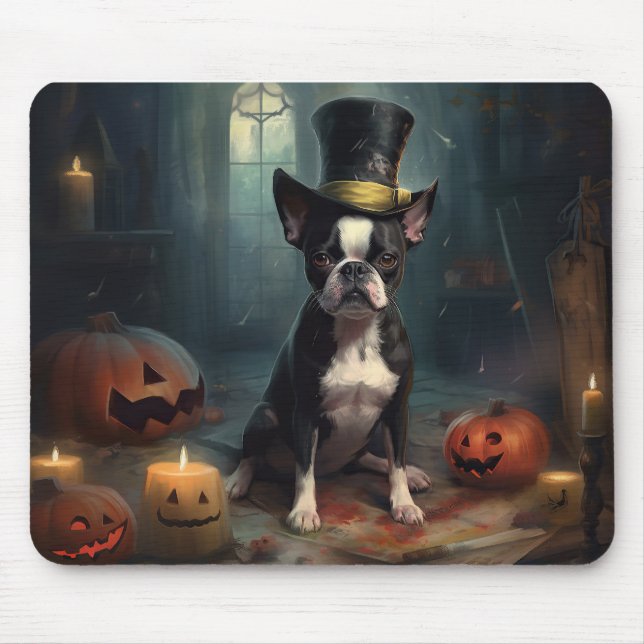 Mousepad Boston Terrier Pumpkins Halloween Assustado (Frente)