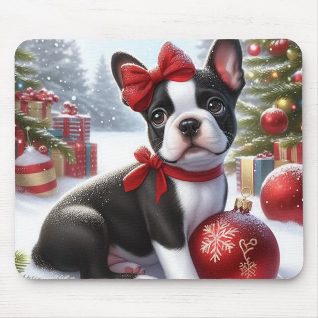 Mousepad Boston Terrier Puppy com Enfeites de natal (Frente)