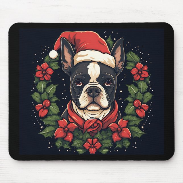 Mousepad Boston Terrier Santa Hat Holly Natal (Frente)