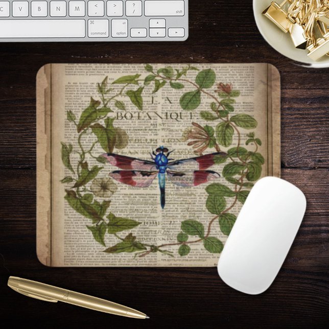 Mousepad botânica francesa deixa libélula antiga moderna (french botanical leaves modern vintage dragonfly mouse pad)