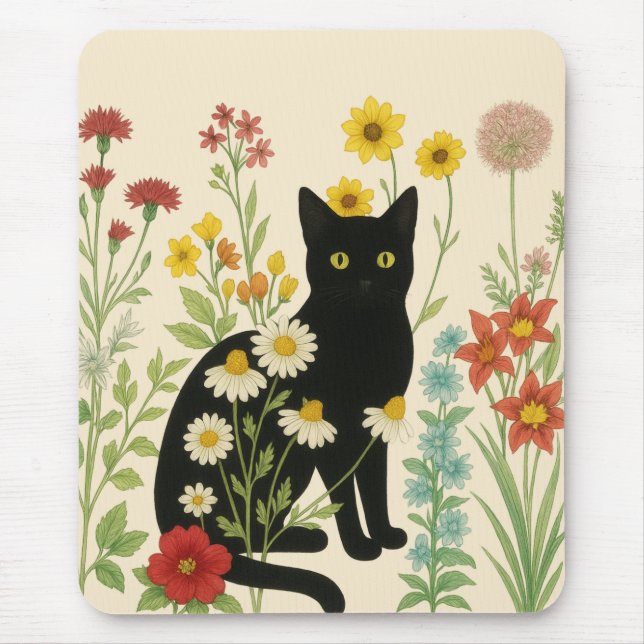 Mousepad Botanical Nature – Black Cat in Wildflower Garden (Frente)