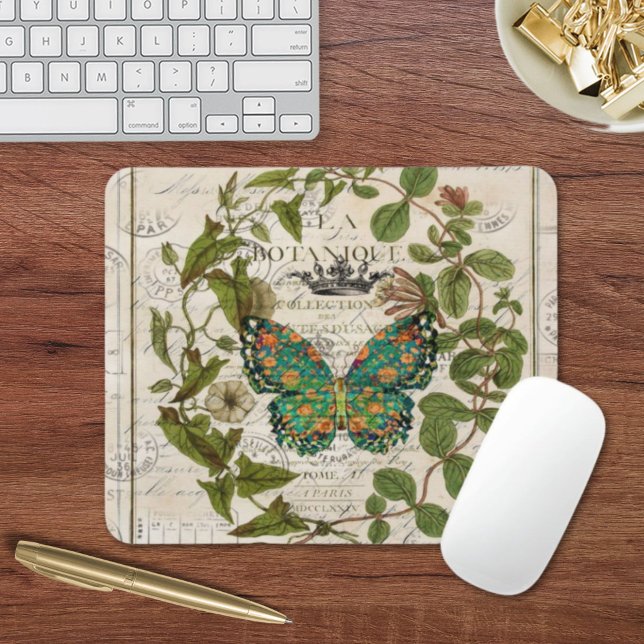 Mousepad botânico arte francesa script saúva borboleta (botanical art french country script leaf butterfly mouse pad)