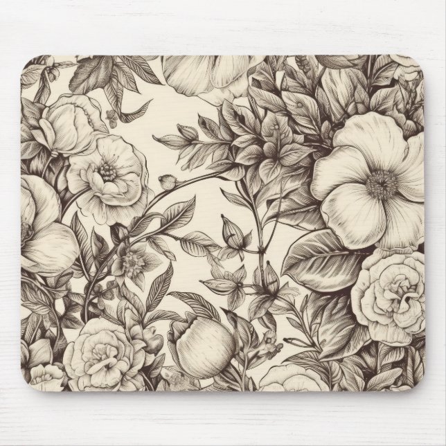 Mousepad Botânico Sepia Elegante com Florais Em Camadas (Frente)