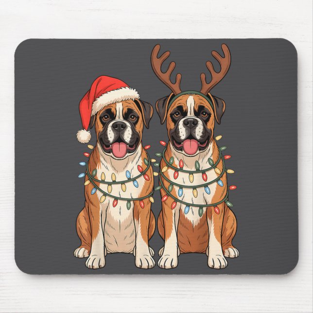 Mousepad Boxer Dog Christmas Santa Hat Reindeer Lights Paja (Frente)