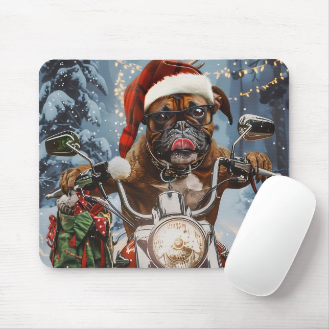 Mousepad Boxer Dog Riding Motorcycle Christmas (Com mouse)