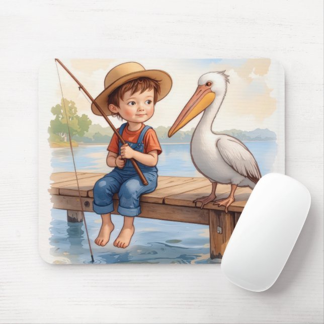Mousepad Boy Fishing With a Pelican (Com mouse)