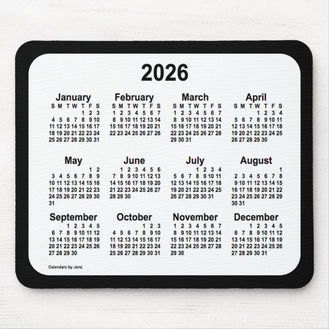 Mousepad Branco 2026 sobre o calendário preto de Janz Dois  (Frente)