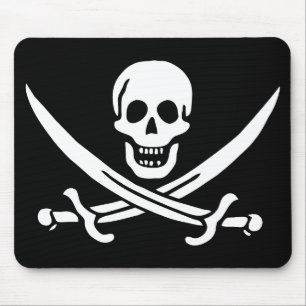 Mousepad Branco, Bandeira Pirata Calico Jack, Caveira e Cut