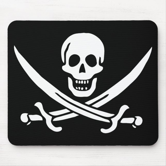 Mousepad Branco, Bandeira Pirata Calico Jack, Caveira e Cut (Frente)