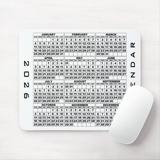 Mousepad Branco do Painel de Modos do Calendário 2026 (Com mouse)