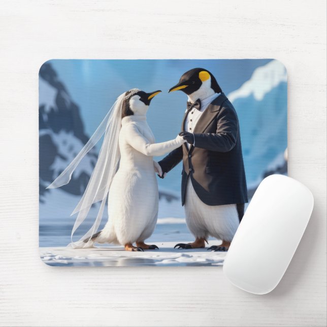 Mousepad Bride and Groom Penguins On an Iceberg (Com mouse)