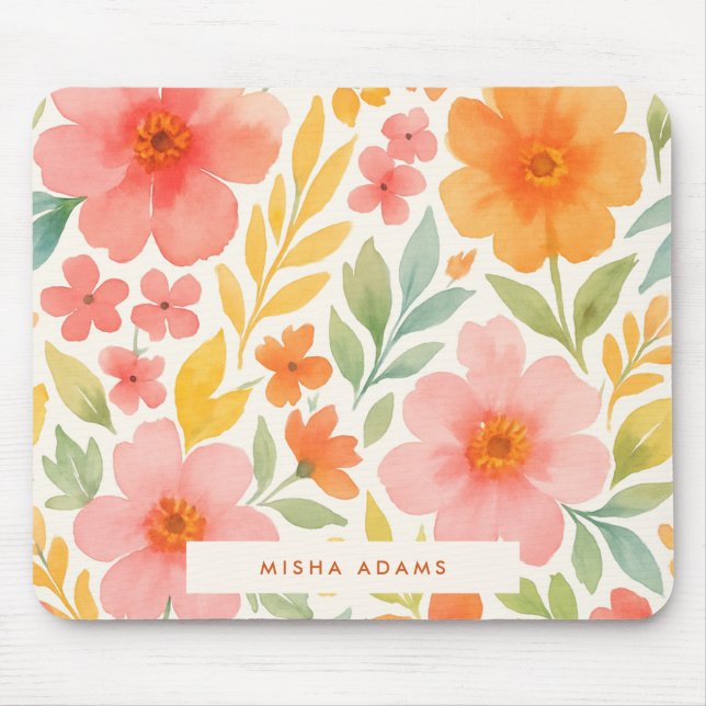 Mousepad Bright Pattern Pink Orange Watercolor Floral  (Frente)