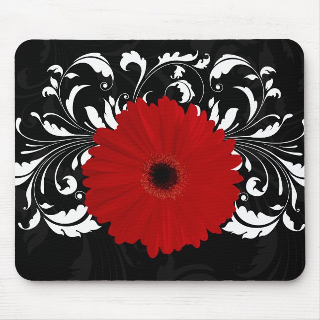 Mousepad Bright Red Gerbera Daisy em Preto (Frente)