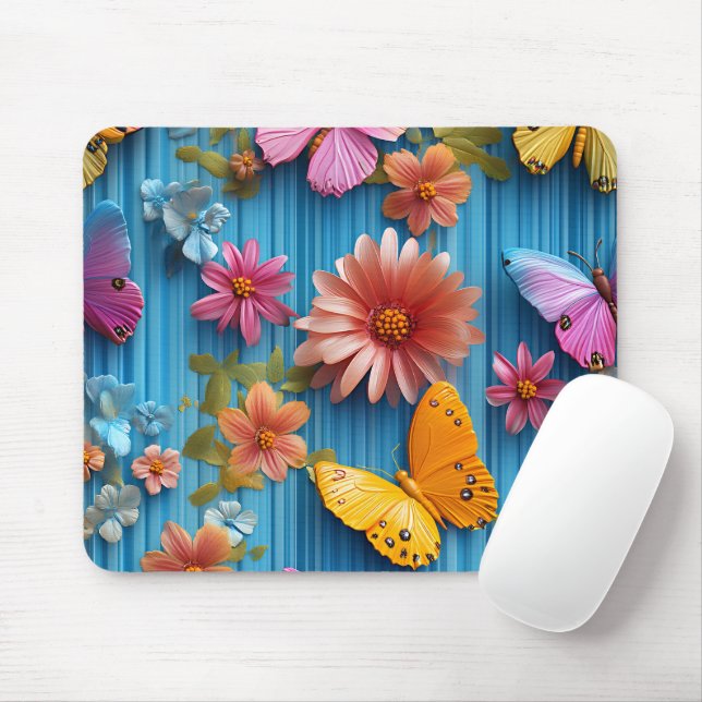 MOUSEPAD BRIGHTLY COLORED FLOWERS AND BUTTERFLIES (Com mouse)