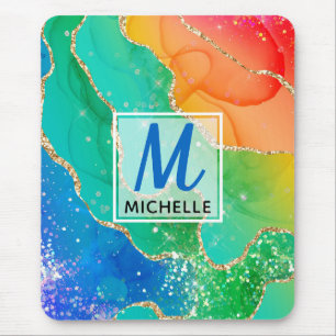 Mousepad Brilhante Arco-Íris & Monograma de Ágata Falsa Bri