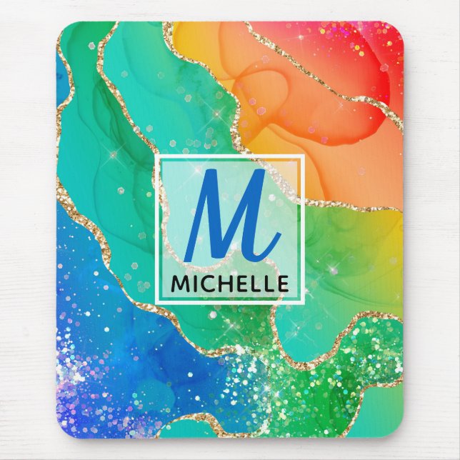 Mousepad Brilhante Arco-Íris & Monograma de Ágata Falsa Bri (Frente)