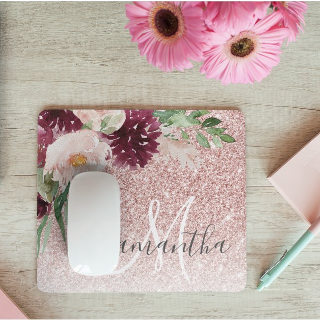 Mousepad Brilhante Rosa Moderno e Estilhaço de Flor com Nom (Criador carregado)