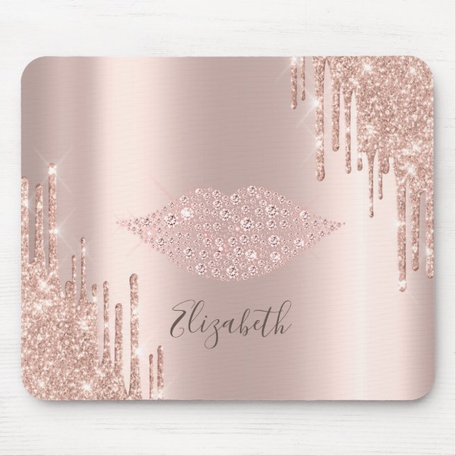 Mousepad Brilhantes Diamantes Lábios Dourado Rosa Gotas de  (Frente)
