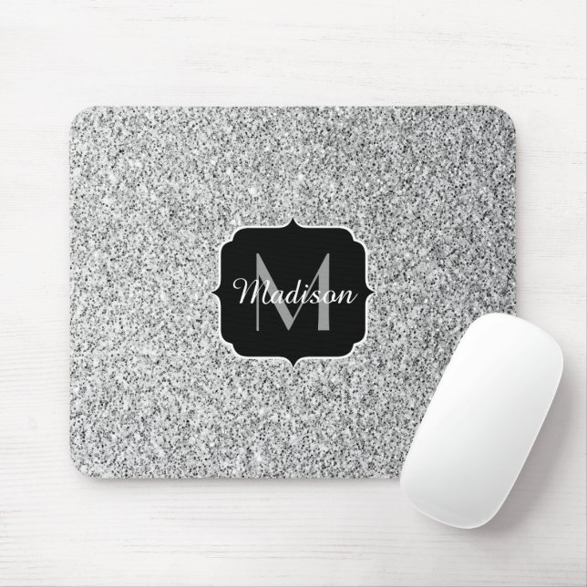 Mousepad Brilho de luz cinza prateado Monograma (Com mouse)
