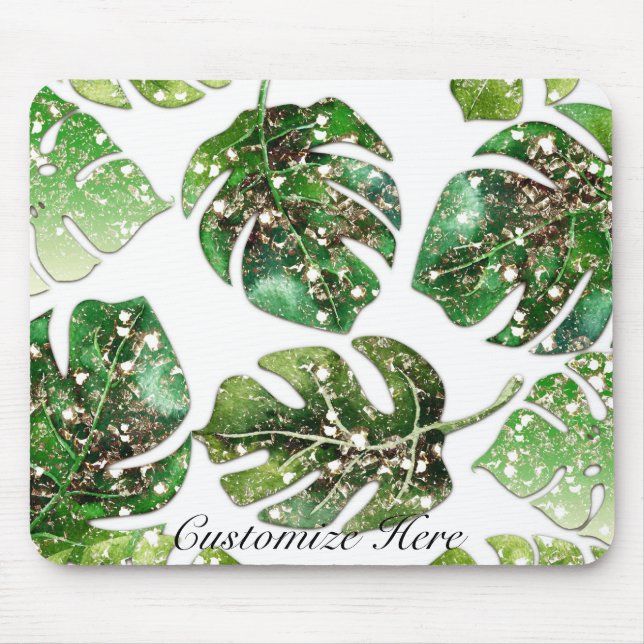 Mousepad Brilho Dourado Brilho Glam Folhas Tropicais Chic (Frente)