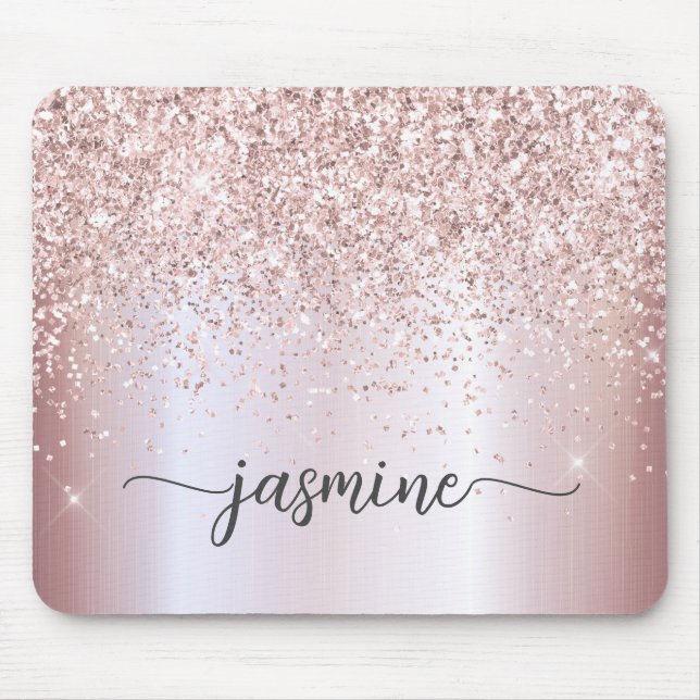 Mousepad Brilho Dourado Rosa Glitter Monograma Nome Metálic (Frente)