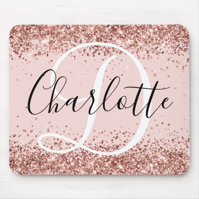 Mousepad Brilho em Rosa Dourado Monograma Preto e Branco (Frente)
