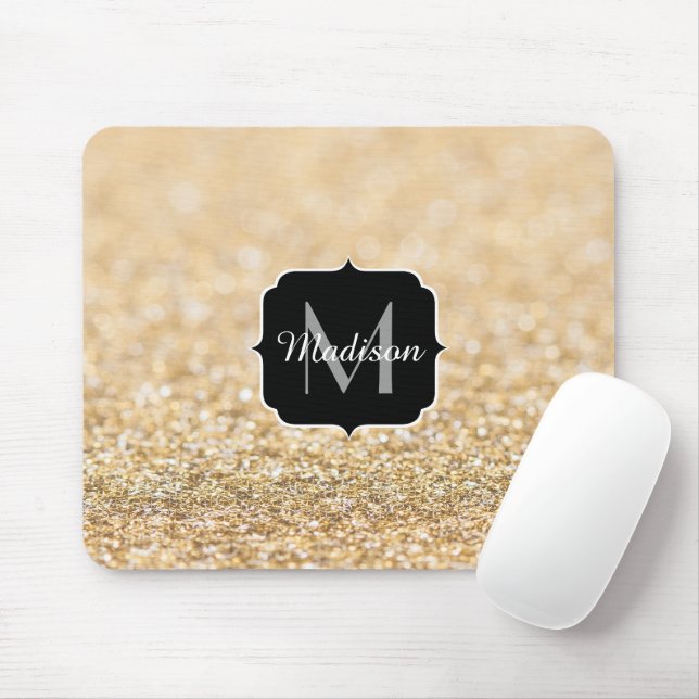Mousepad Brilho falso dourado champanhe Monograma (Com mouse)