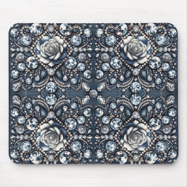 Mousepad Brilho Glam Denim & Diamantes Jóias Rosa (Frente)