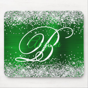 Mousepad Brilho Prateado Esmeralda Verde Monograma Chique