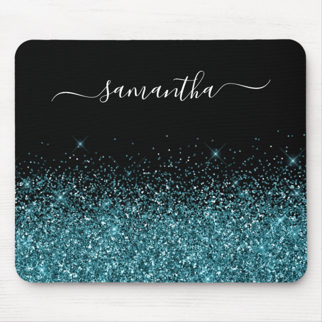 Mousepad Brilho Preto e Azul Turquesa Escuro Nome Elegante (Frente)