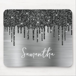 Mousepad Brilho Preto Gotejante Nome Glam Prata