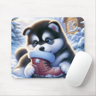 Mousepad Brincadeira com uma bota de inverno coberta por ne
