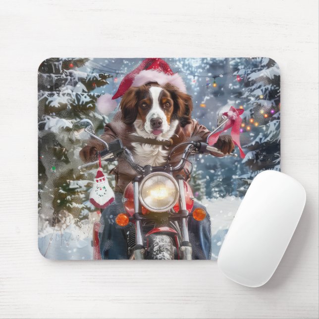 Mousepad Brittany Spaniel Dog Andando na Moto Natal (Com mouse)