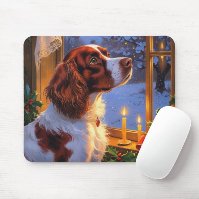 Mousepad Brittany Spaniel with Christmas Lights Holiday  (Com mouse)
