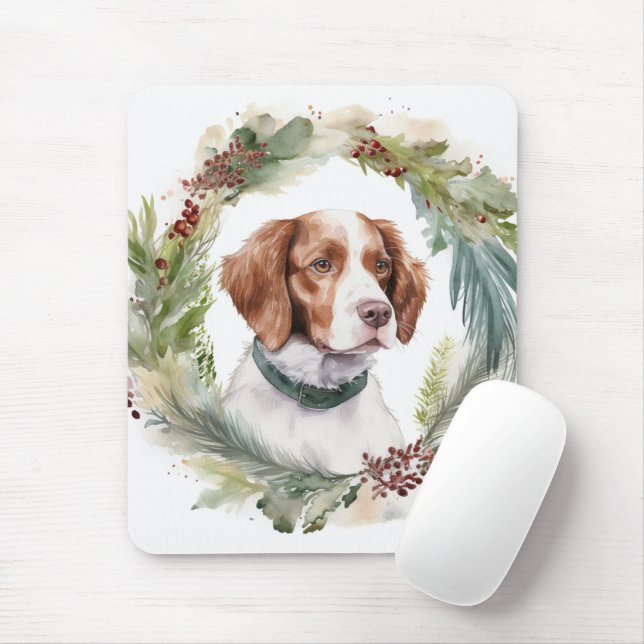 Mousepad Brittany Spaniel Wreath Festivo Pup (Com mouse)